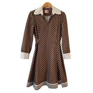 Vintage Nancy Valentine Dress Sz 16 Brown White Geometric Dot Belted Long Sleeve